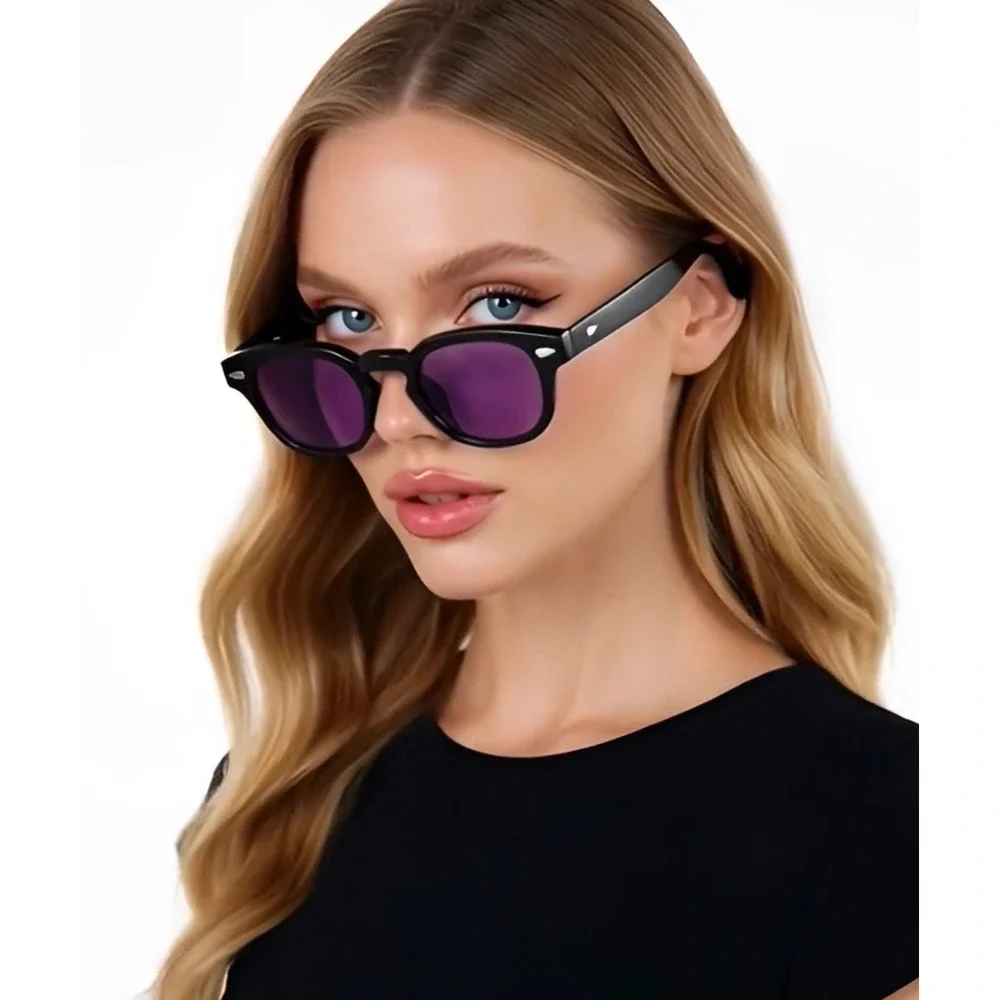 Men Women Sunglasses Glossy Black Frame Purple Lens Retro Inspired Unisex Classy